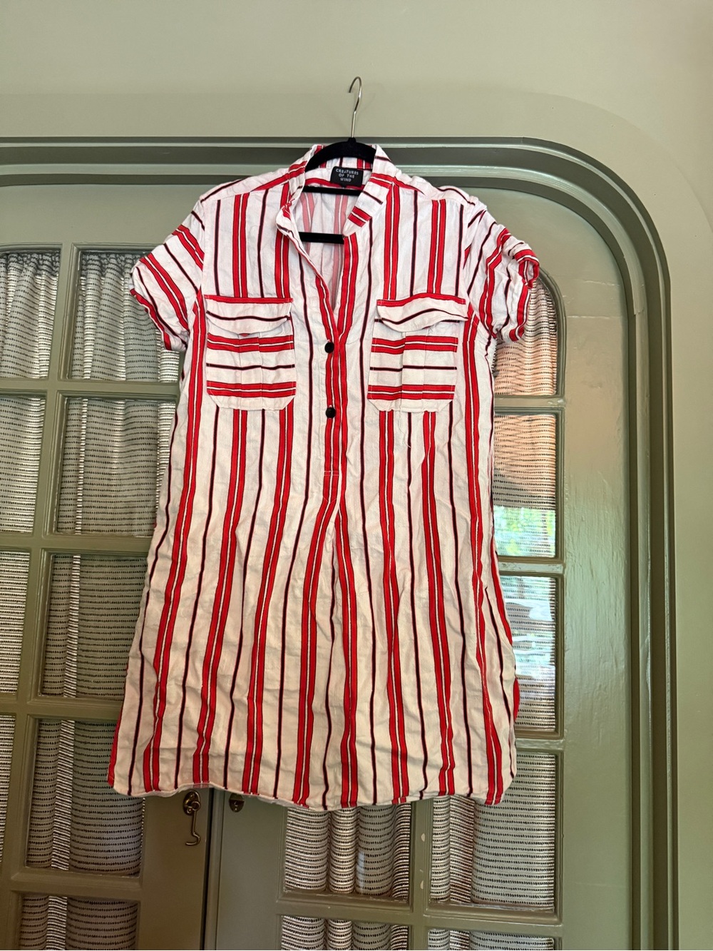 Red and White Striped Short Sleeve Shirt Dress - Women's Mini